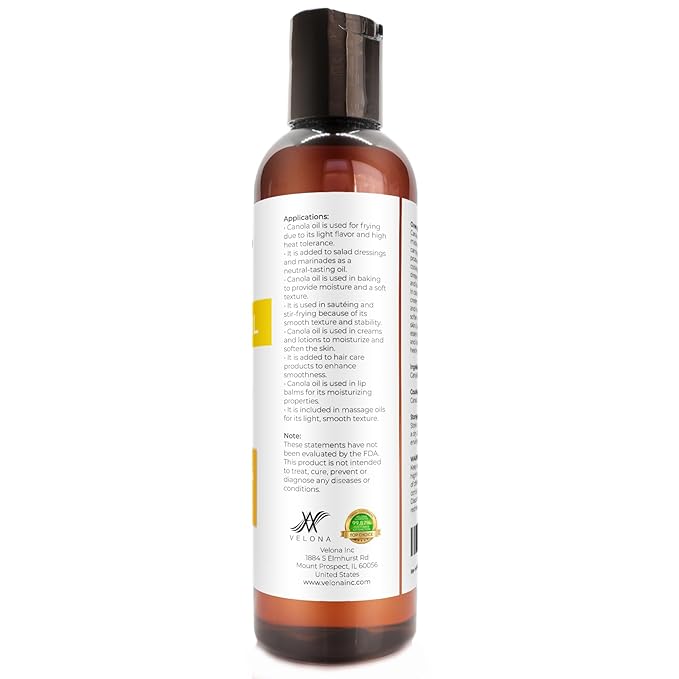 velona Canola Seed Oil 4 fl oz | 100% Pure and Natural Carrier Oil | Refined, Expeller pressed | Cooking, Dressing, Skin, Face, Body, Hair Care | Use Today - Enjoy Results