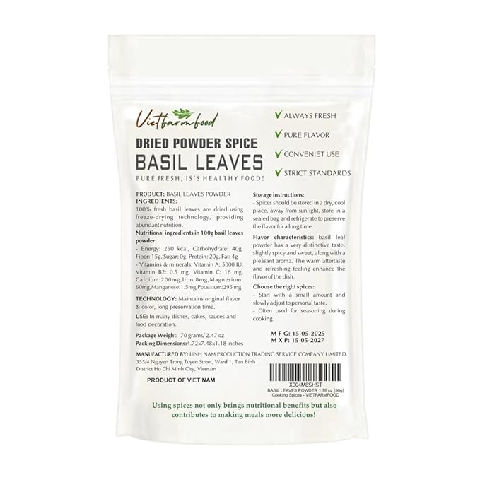 BASIL LEAVES POWDER 2.47 Oz (70g) VIETFARMFOOD: Pure, natural freeze-dried spice made from real vegetables and fruits - perfect for enhancing every meal, from cooking, baking, salads, soups, sauces
