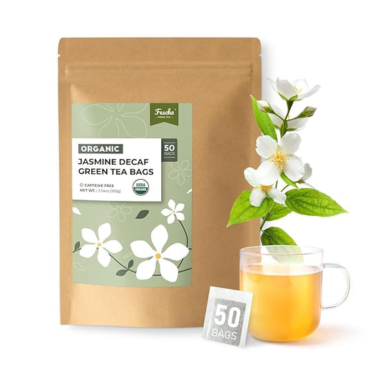 Fescha Organic Decaf Jasmine Green Tea Bags Flower-scented Tea (50-count), Eco-Conscious Tea Bags, Packed by Resealable Kraft Bag
