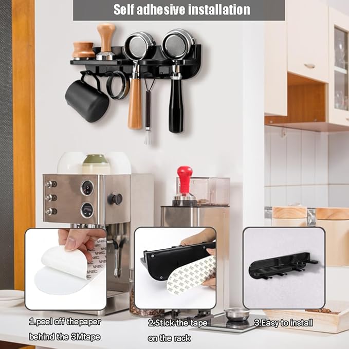 Coffee Portafilter Wall Mount Rack, Space Saving Floating Wall Shelves Coffee Station Organizer, Espresso Tools Portafilter Holder for Bar, Home, Office (58mm)