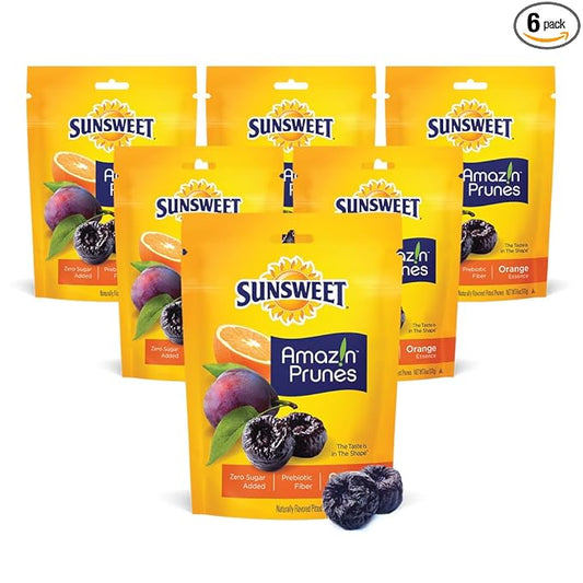 Sunsweet Amazin' Prunes Orange Essence - Prunes Pitted Unsweetened & Dried - Gluten Free, Vegan, Low Fat - Fiber & Minerals - 6 oz pouch - 6 Pack
