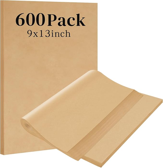 600Pcs Unbleached Parchment Paper Sheets for Baking, 9 x 13 Inch, Non-Stick Precut Quarter Sheet Size Parchment Paper for Baking, Cooking, Air Fryer, Oven (9?œx13??600pack)