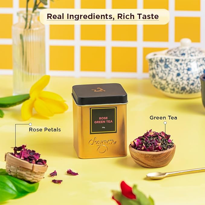 CHAYAM Rose Green Tea, 50g/1.77oz each | Exotic Tea with Real Dried Rose Petals & Whole Leaf Green Tea | 100% Natural Ingredients | Floral Tea | No Sugar & Zero Calories - Pack of 2