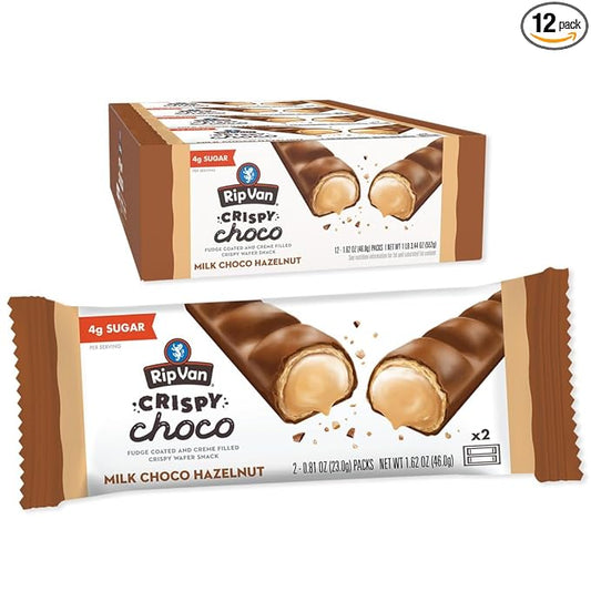 Rip Van Crispy Choco - Milk Chocolate Coated Hazelnut Wafer Bars - Low Sugar Fudge and Hazelnut Cream Filled Snack - 12 Pack