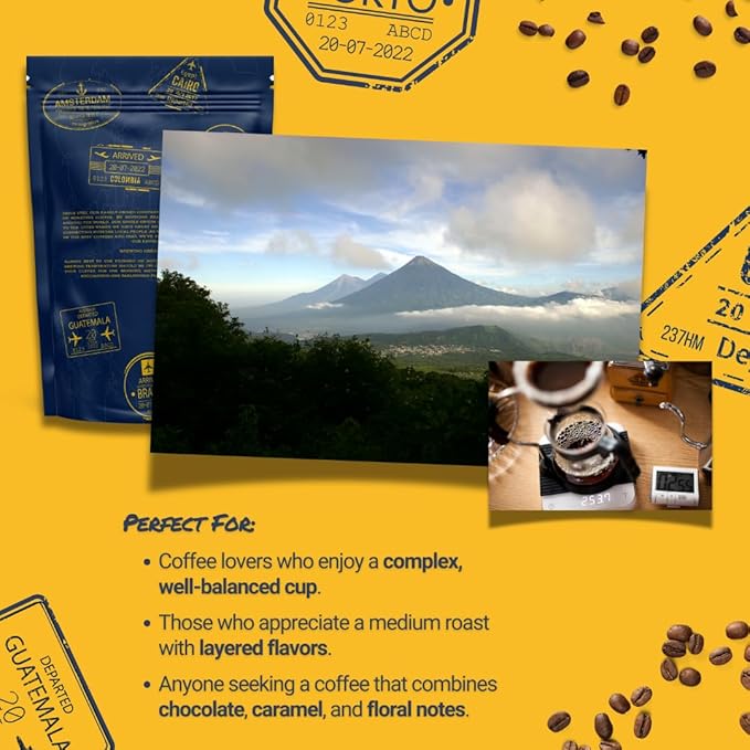 Passport Coffee Tuscany Blend - Medium & dark roast blend from Sumatra, Guatemala & Ethiopia. Flavor notes of caramel and rich chocolate. Premium whole bean coffee, 12oz Bag