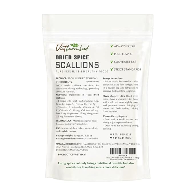 REGULAR DRIED SCALLIONS 5.29 Oz (150g) VIETFARMFOOD: Natural pure, convection dried seasoning made from real vegetable, fruit - perfect for adding flavor to meal, cooking, baking, salad, soup, sauce