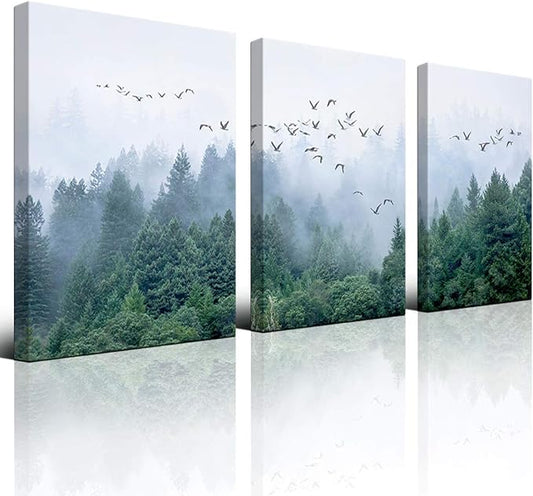 Canvas art Green forest art Nordic home Decoration Forest landscape Natural art Canvas print poster Bedroom bathroom mural 30cmx40cm x3 panel Frame canvas Wall art for modern living room Decoration