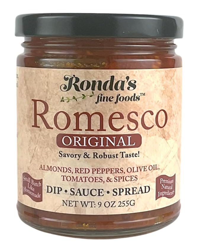 Romesco Dip, Spread, Topping & Sauce ??Thick, Small-Batch Romesco with Almonds, Pure Olive Oil, Red Peppers, & Tomato ??Keto, Vegan, Gluten-Free Red Sauce for Fish, Meat, Veggies, & Chicken by Ronda?™s Fine Foods