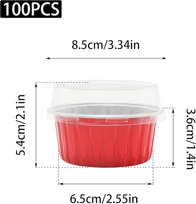 100 Pack 4.2oz Aluminum Cups with Lids Mini Flan Containers with Lids Cupcake Baking Cups, Red