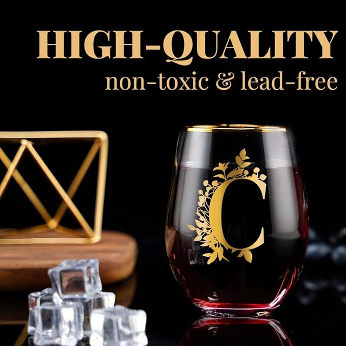 Onebttl Unique Stemless Wine Glasses, Initial Wine Cup for Red or White Wine - 18oz, Monogrammed, Gold - for Women, Girls, Female, Her, Friends, Coworkers, Clients - for Birthday, Christmas