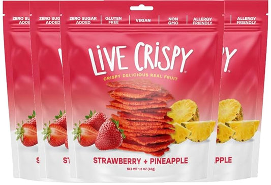 Live Crispy Fruit Chips - Pineapple-Powered Snack Packed with 100% Natural Fruit - Antioxidant-Rich, Vitamin-Packed (Strawberry/Pineapple) 4 Pack