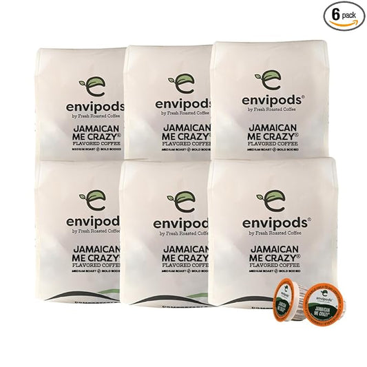 Fresh Roasted Coffee, Jamaican Me Crazy Flavored Compostable envipods, Medium Roast, Kosher, 72 Count,for Keurig K Cup Brewers | Not for use in Ninja or Hamilton Beach Brewers
