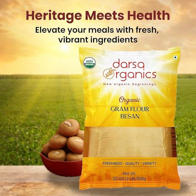 Darsa Organics Gram Flour - 2 lb Besan, Premium Grade USDA Organic Certified Chickpea Flour for Baking, Cooking & Skin Care, Chemical Free, Non-GMO, Vegan, Kosher, Ideal for Gluten Free Diets & Face Masks
