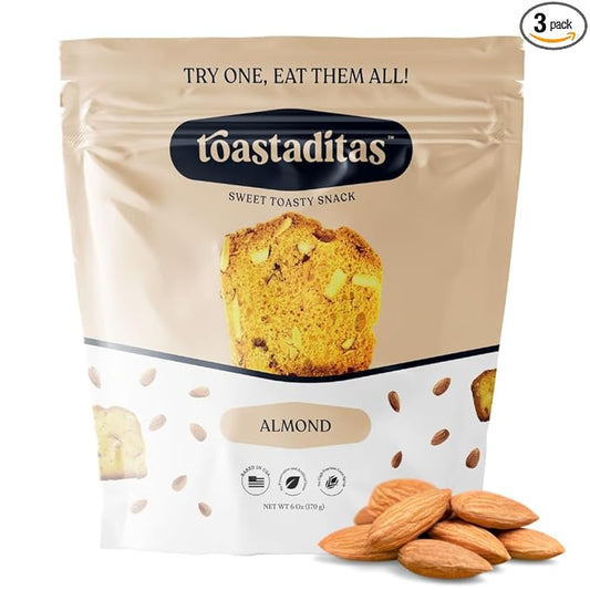 Toastaditas Almond Toasted Cookies, 16g of Protein, Natural Ingredients, No Artificial Flavors, Healthy Snacks for kids and adults (3-Pack, Almond)