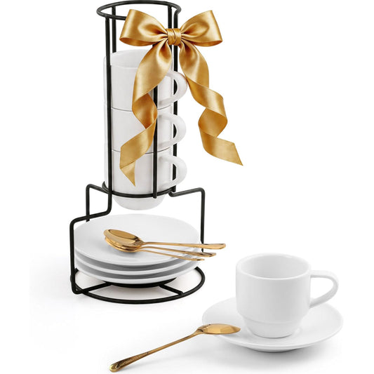 Lareina 3-Ounce Espresso Cups with Saucers, Spoons and Metal Stand, Small Stackable Coffee Cups Set