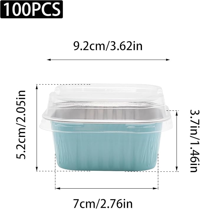 100 Pack 5oz Aluminum Pans with Lids Mini Square Foil Baking Cups with Lids Cupcake Baking Holders, Blue