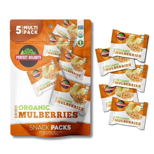Perfect Delights Snack Pack Mulberries, Sun-Dried Mulberries, On-the-Go Vegan, Healthy Snack, Easy-to-Carry Dried Mulberries, Perfect for Kids & Adults - 5 Pack