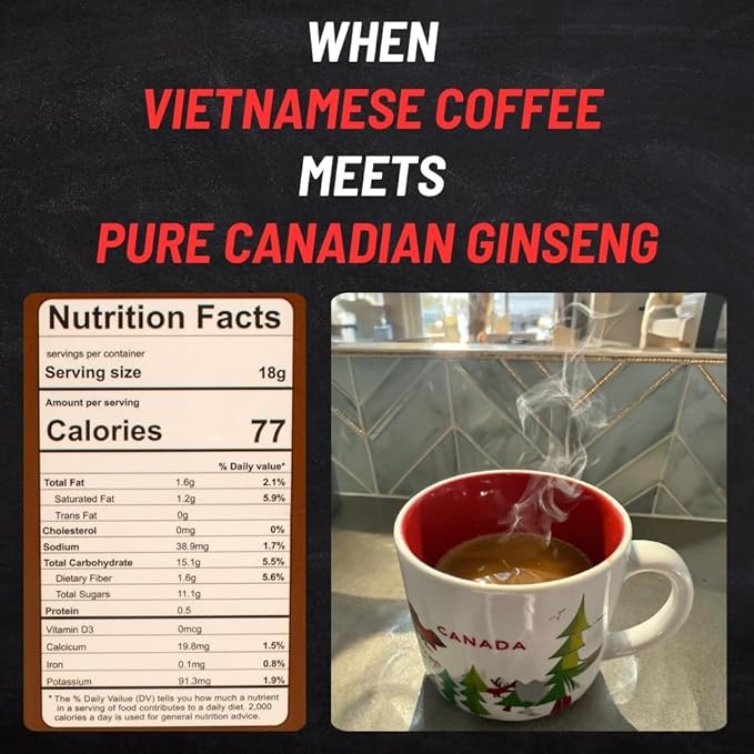 Canadian Vita Ginseng Vietnamese Instant Coffee - Unique Fusion of Canadian Ginseng & Vietnamese Coffee - Rich, Bold & Earthy Flavour - Energy | Focus | Immunity - 10 Sticks