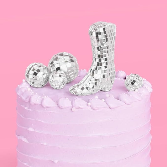 xo, Fetti Disco Ball and Cowgirl Boot Cake Topper - 5 pieces | Disco Bachelorette, Rodeo Birthday Party, Space Cowboy Supplies, 70s Groovy Cake Decoration, Western Baby Shower Cupcake Decor