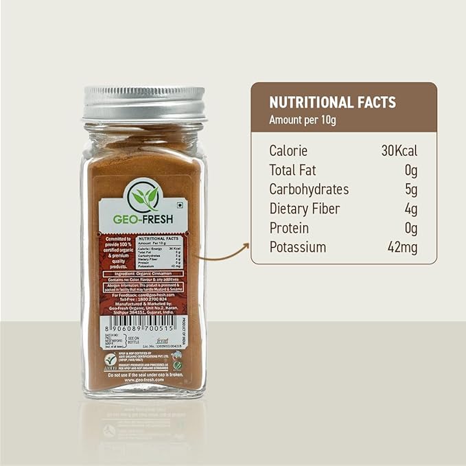 Geo-Fresh Organic Cinnamon Powder ??1.59 oz Glass Jar ??Cassia Cinnamon Powder Organic ??USDA Certified ??Non-GMO, Kosher, Gluten-Free ??Premium Spice for Baking, Cooking, Coffee