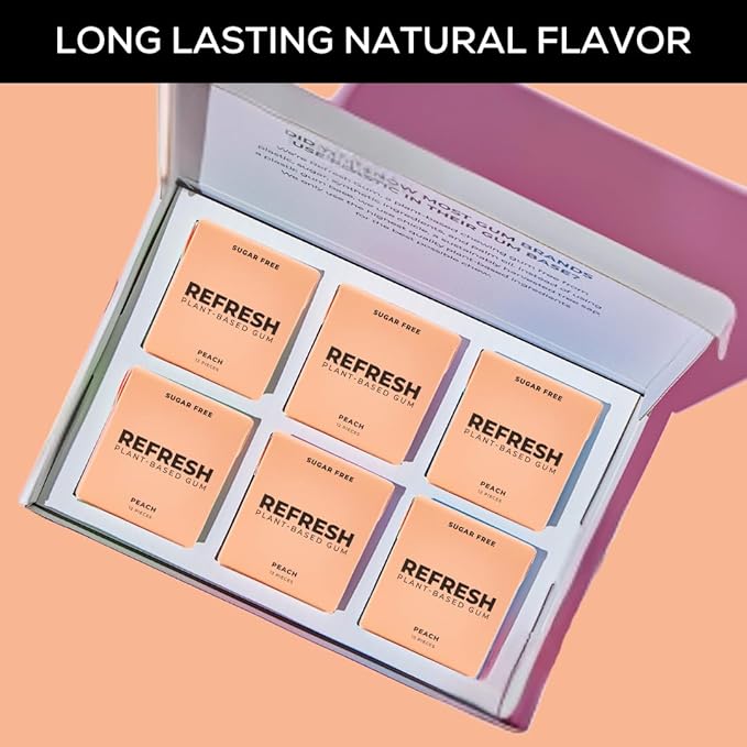 Refresh Gum, Xylitol, Natural, Sugar Free, Long Lasting, Plastic Free, Natural Flavors & Organic Ingredients, Plant-Based, Low Calorie, Non GMO, Gluten Free, Vegan, Peach Flavor, 12 Pieces, 12 Pack
