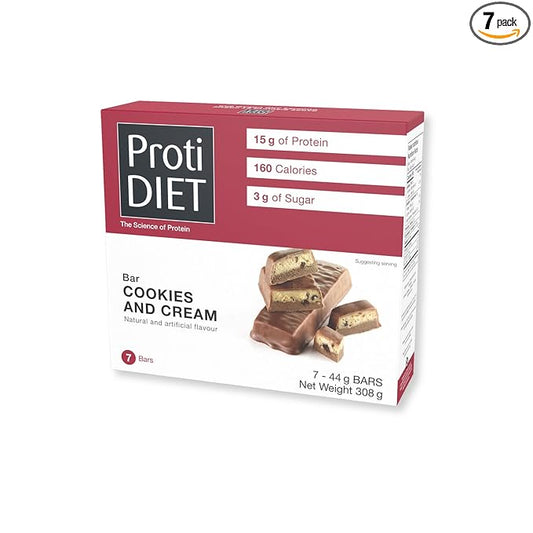 ProtiDIET Cookies and Cream High Protein Bar - 15g Protein - No Trans Fat Meal Replacement Bars - Great Protein Snacks for Adults to Support a Busy and Active Lifestyle - 7 Protein Bars Per Box