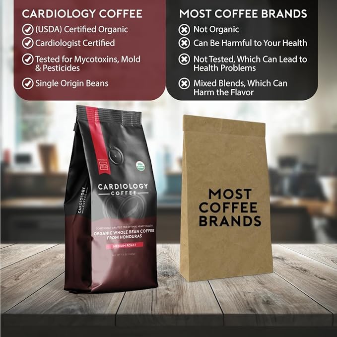 Cardiology Coffee ??Whole Bean Coffee ??USDA Certified Mold-Free 12oz Premium Medium Roast Organic Coffee Beans with Antioxidant Benefits ??Perfect for Heart Healthy Lifestyle