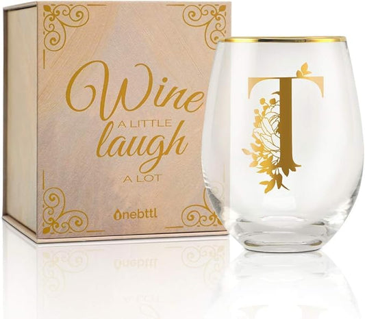 Onebttl Unique Stemless Wine Glasses, Initial Wine Cup for Red or White Wine - 18oz, Monogrammed, Gold - for Women, Girls, Female, Her, Friends, Coworkers, Clients - for Birthday, Christmas