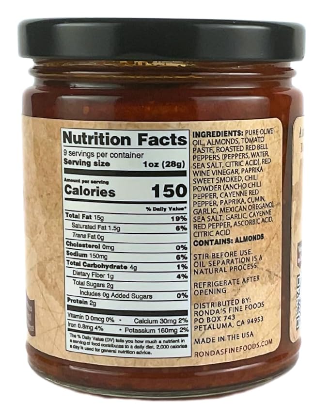 Spicy Romesco Dip, Spread, Sauce - Small-Batch with Almonds, Olive Oil, Red Peppers ??Red Sauce for Meat, Veggies, & Chicken by Ronda?™s Fine Foods