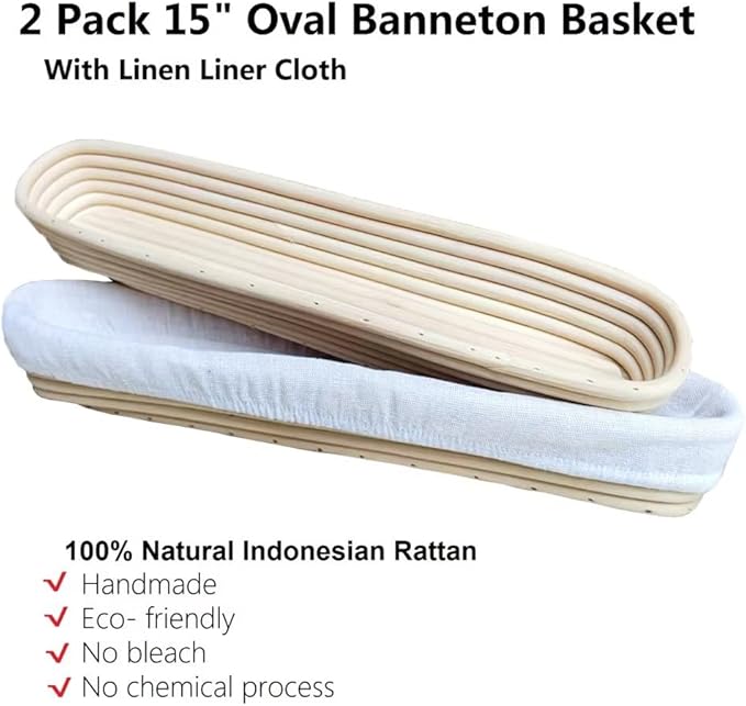 15 Inch Proofing Baskets for Baguette, Bread Banneton Baking Bowls 2 Pack, Making Baguette Bread with Beautiful Pattern and Shape