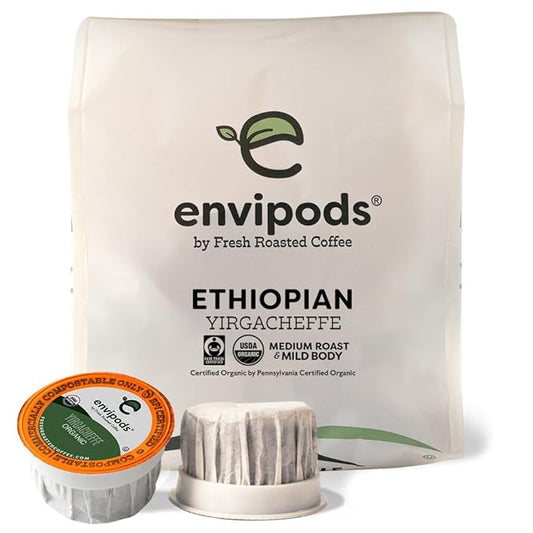 Fresh Roasted Coffee, Organic Ethiopian Yirgacheffe envipods | BPI Compostable, USDA Organic, Mold & Myco 3rd Party Tested, Kosher | 12 CT Compatible With 1.0 & 2.0 K Cup Brewers