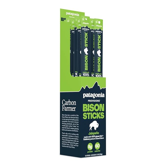 Patagonia Provisions Bison Sticks - Jalapeno | 100% Grass-Fed, 8g of Protein, 60 Calories | No Artificial Ingredients, Added Flavors, Fillers, or Nitrates | Pack of 12, 1 oz Each
