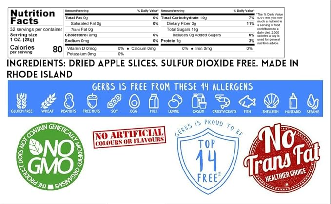 Gerbs Dried New England Apple Slices – 2 LBS. - No Sugar Added, Unsulfured & Preservative Free - Top 14 Allergy Free & NON GMO - Grown in USA