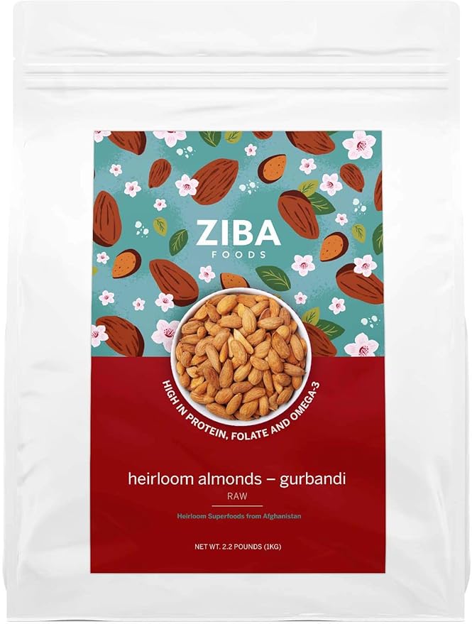 Ziba Foods Heirloom Gurbandi Raw Almonds | Non-GMO, Vegan, Whole 30 Friendly, Keto & Paleo | Heirloom Superfood Naturally High In Vegan Protein & Omega 3s, 2.2 lbs