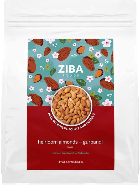 Ziba Foods Heirloom Gurbandi Raw Almonds | Non-GMO, Vegan, Whole 30 Friendly, Keto & Paleo | Heirloom Superfood Naturally High In Vegan Protein & Omega 3s, 2.2 lbs