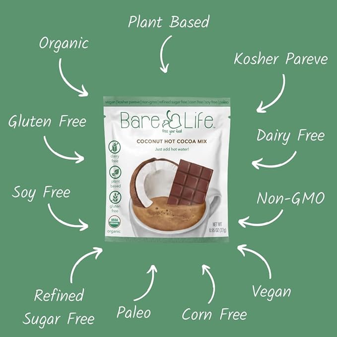 Bare Life: Dairy Free Coconut Hot Cocoa Mix | Single Serving 0.95 Oz (10 Pack) | Gluten Free, Vegan, Organic, Plant Based, Paleo, Soy Free, Corn Free, Lactose Free, Refined Sugar Free Hot Chocolate