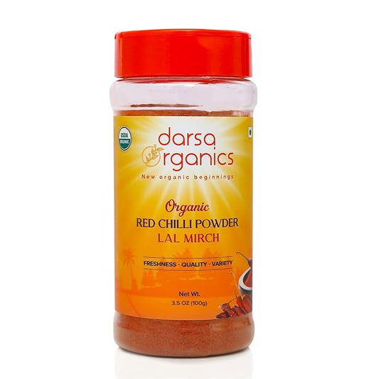 Darsa Organics Indian Red Chili Powder 3.5 oz - USDA Organic Certified Premium Red Chili Powder Organic from India, Non-GMO, Kosher, Gluten Free Chilli Powder Seasoning for Authentic Indian Dishes & Recipes, Packed in a convenient Food Grade PET Jar