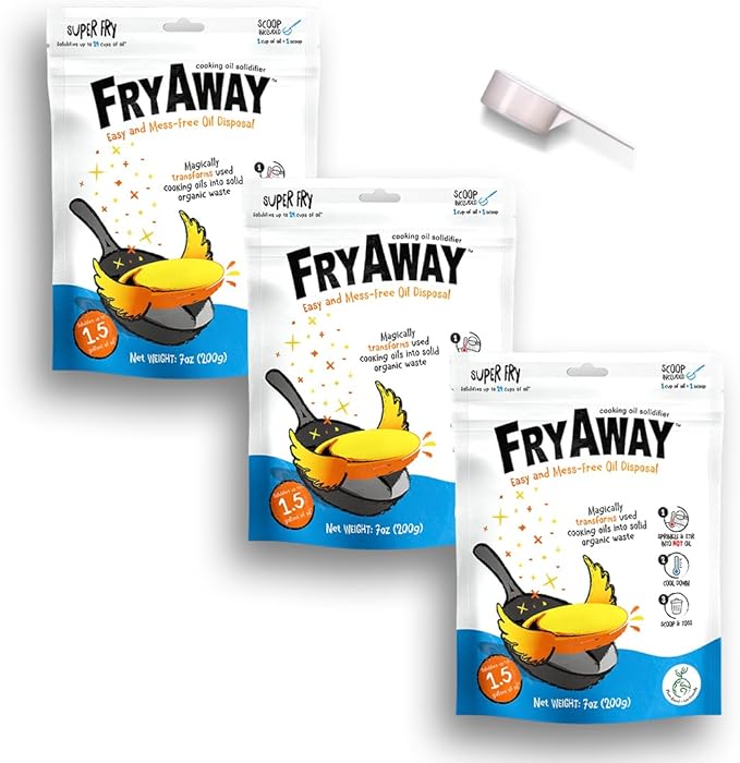 FryAway Super Fry Cooking Oil Solidifier, Super Value 3-Pack ??Solidifies 4.5 Gallons Cooking Oils - Plant-Based Powder - Fry Oil Away for Mess-Free Cleanup and Disposal - Easy to Use, Made in the USA