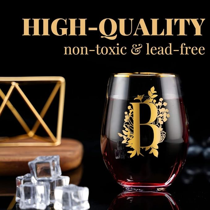 Onebttl Unique Stemless Wine Glasses, Initial Wine Cup for Red or White Wine - 18oz, Monogrammed, Gold - for Women, Girls, Female, Her, Friends, Coworkers, Clients - for Birthday, Christmas