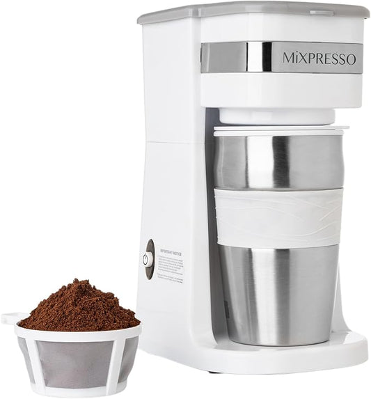 Mixpresso White Personal Single Serve Coffee Maker with 14oz Travel Mug, Drip Small Coffee Maker with Auto Shut Off, Reusable Filter, Works with Ground Coffee Only ??Not for K-Cup Pods