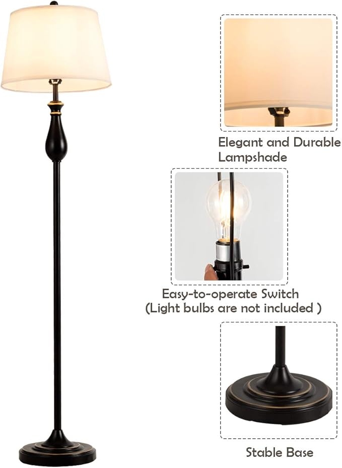 Tangkula 3-Piece Vintage Metal Base Table and Floor Lamp Set, Modern Lamp Set with Fabric Shade for Living Room, Bedroom - Matt Black Finish