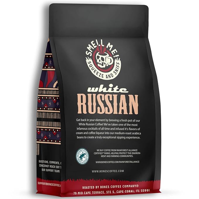 Bones Coffee Company White Russian, Cream and Cocktail Flavored Coffee, Medium Roast Low Acid Arabica Beans Compatible with Auto drip and French Press Coffee Maker, 12 Oz Ground
