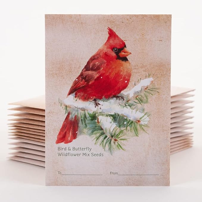 Bentley Holiday Christmas Snowy Cardinal Gift Tags with Non-GMO, Non-Coated Bird & Butterfly Pollinator Wildflower Seeds, 25 Packets