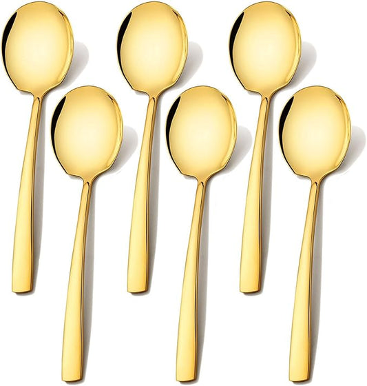 Extra Large Serving Spoons Set 11.7 Inch Gold Serving Utensils 18/8 Stainless Steel Big Metal Spoons for Buffet, Parties, Catering, Banquet - Dishwasher Safe (6-Piece, Gold)