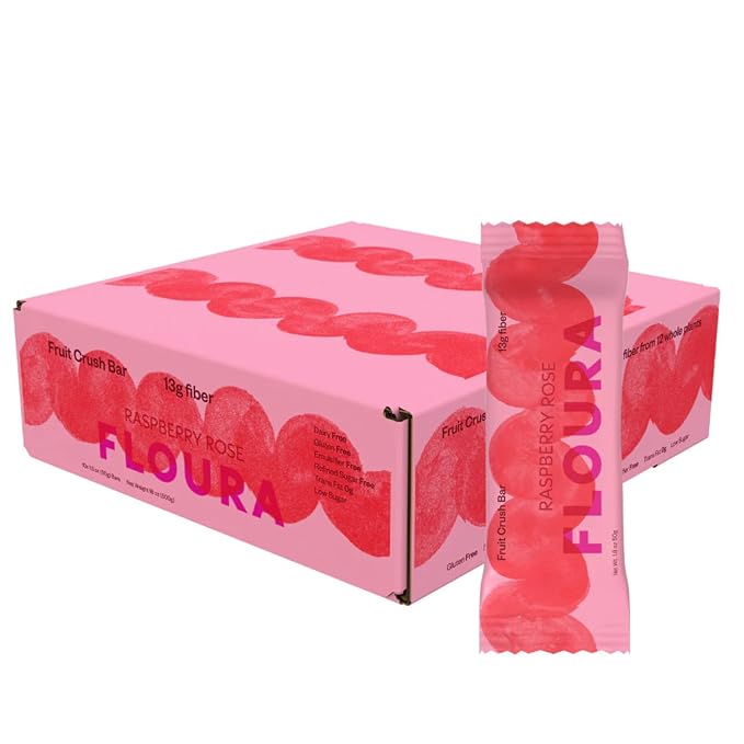 Floura Raspberry Rose Fruit-Forward Fiber Bars??High Fiber, Vegan, Gluten & Dairy Free, Low Calorie Healthy Snack Bars with Upcycled Produce for Gut Health [10 Pack]