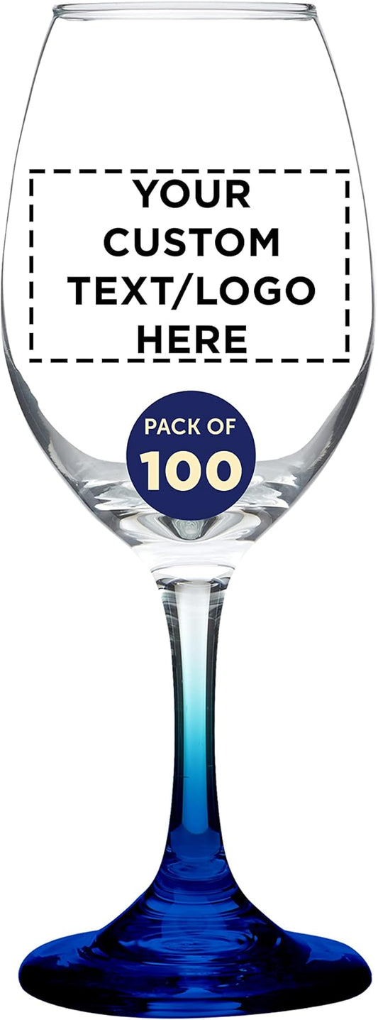 Custom Rioja Wine Glasses with Stem 10 oz. Set of 100, Personalized Bulk Pack - Color Bottom, Perfect for Wedding, Party Favors, Birthday, Bridal Shower Gifts - Blue
