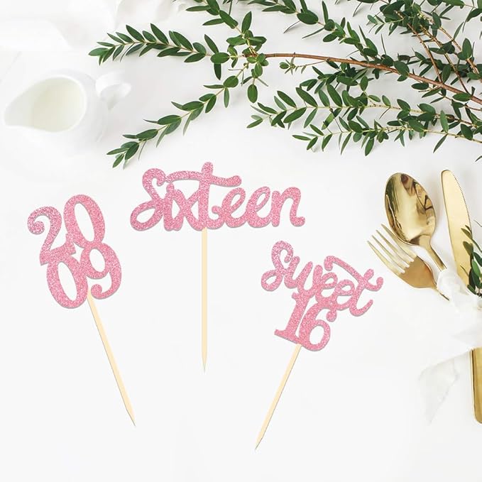 24 Pcs Sweet 16 Pink Glitter Birthday Cupcake Toppers for 16th Birthday Celebrating Party Decorations (Pink)