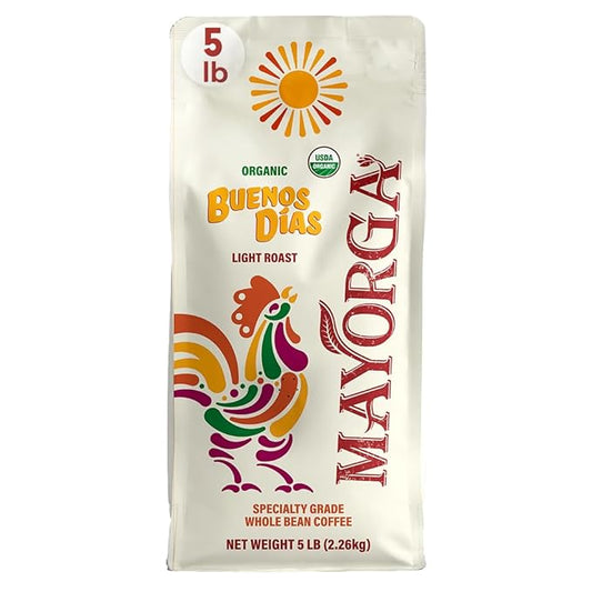 Mayorga Organic Coffee 5lb Buenos Dias - Light Roast Whole Bean Coffee Specialty Grade, 100% Arabica, Slow Roasted, Citrusy and Sweet Flavor with Low Acidity - USDA Organic, Non-GMO, Kosher