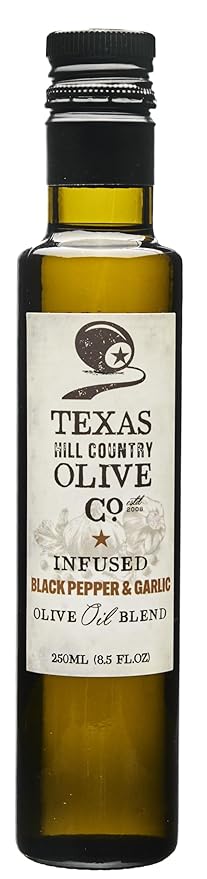 Black Pepper Garlic Infused Olive Oil - Cold Pressed Gourmet EVOO Olive Oil - Great for Dressing Dipping Marinade - No Artificial Flavors or Added Sugar - Made in Texas (8.5 Fl Oz)