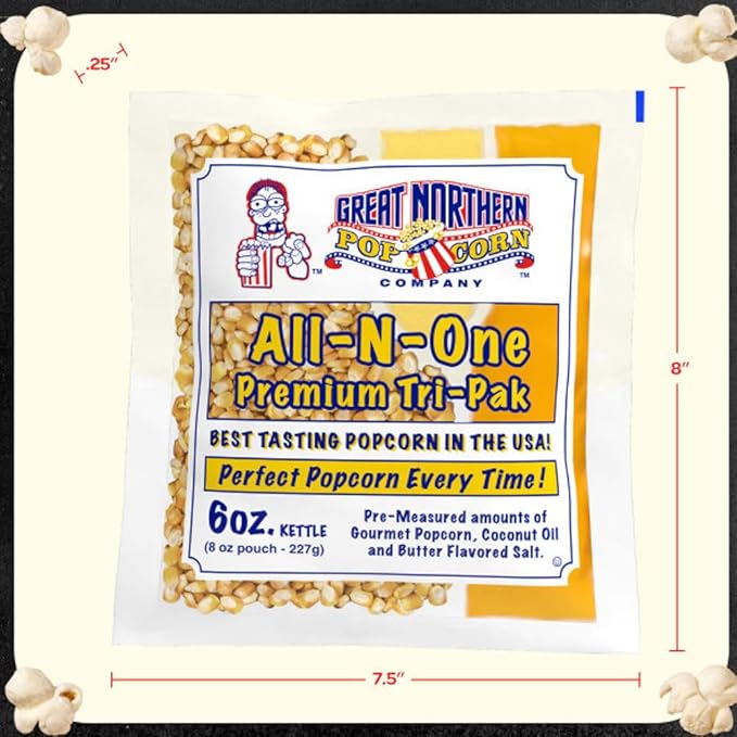 Case of 12 Popcorn Packs - All-In-One Kit with 6-Ounces of Pre-Measured Kernels, Salt, and Oil Packets for Popcorn Machines by Great Northern Popcorn